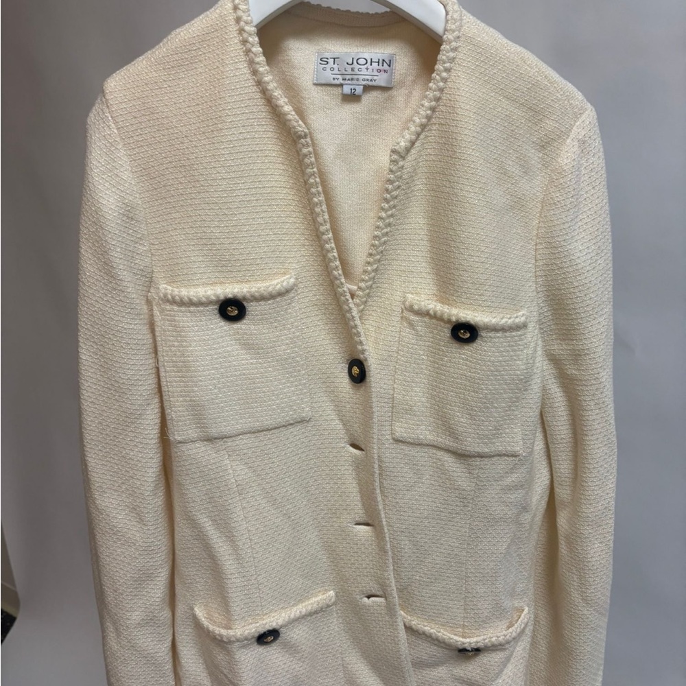 St. John Cream Blazer with Textured Knit and Braided Trim